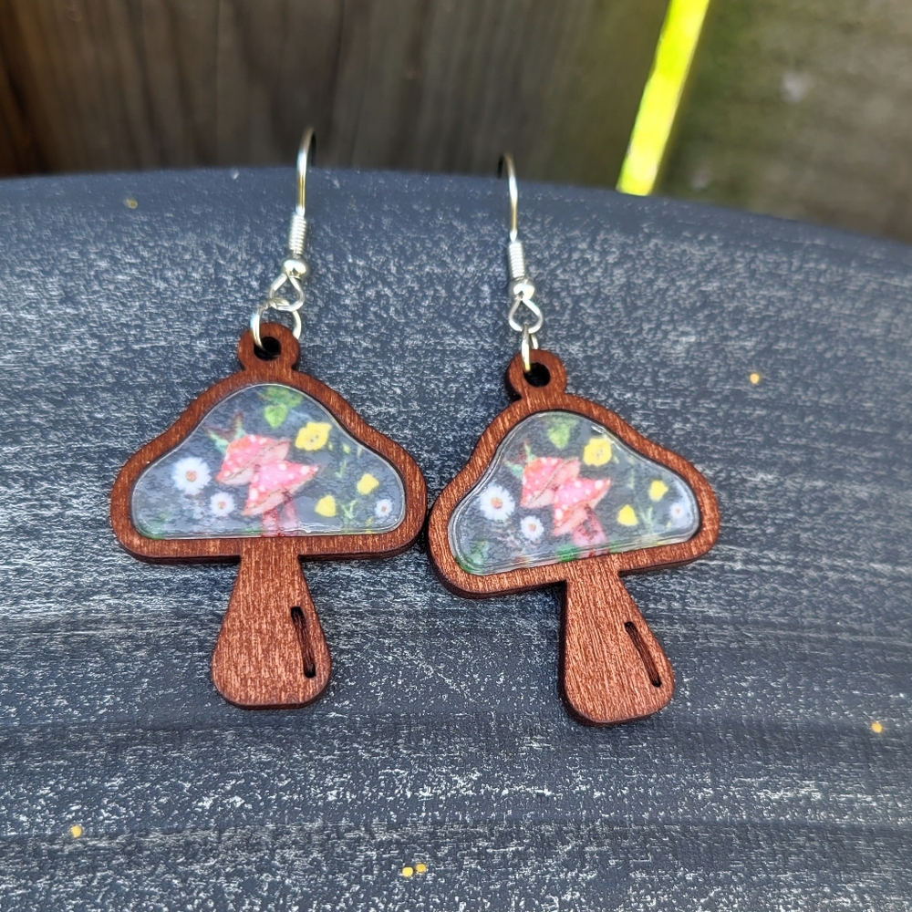 Cute Small Mushroom Wood Dangle Earrings